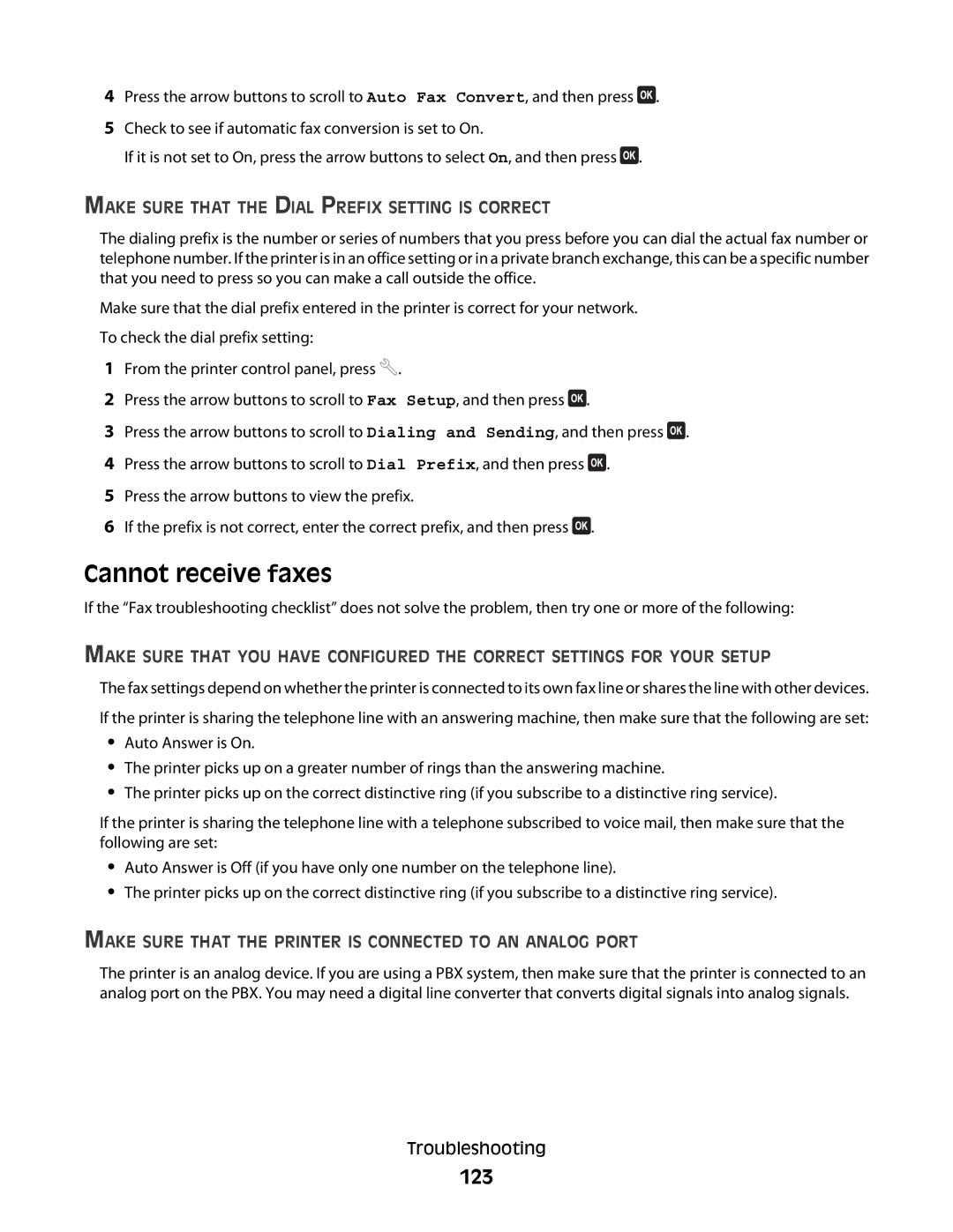 Dell V715W, 5dw, 1dw manual Cannot receive faxes, 123, Make Sure That the Dial Prefix Setting is Correct 