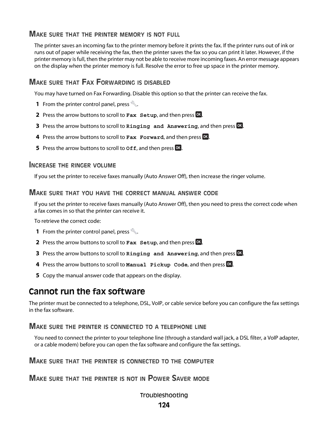 Dell 5dw, V715W, 1dw manual Cannot run the fax software, 124 