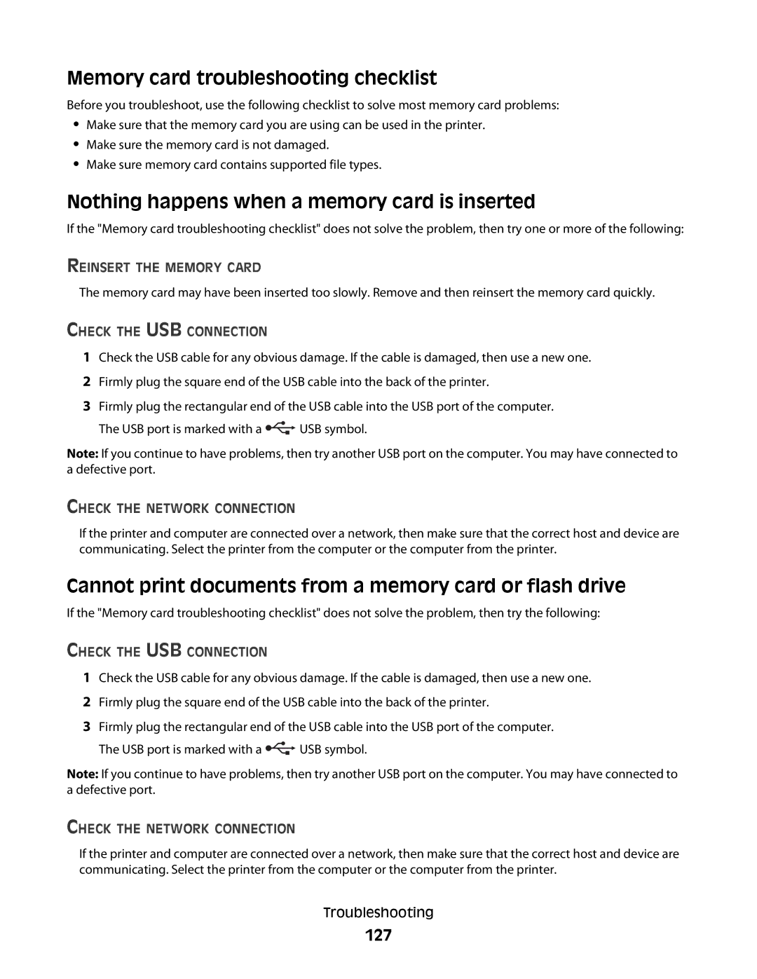 Dell 5dw, V715W, 1dw manual Memory card troubleshooting checklist, Nothing happens when a memory card is inserted, 127 