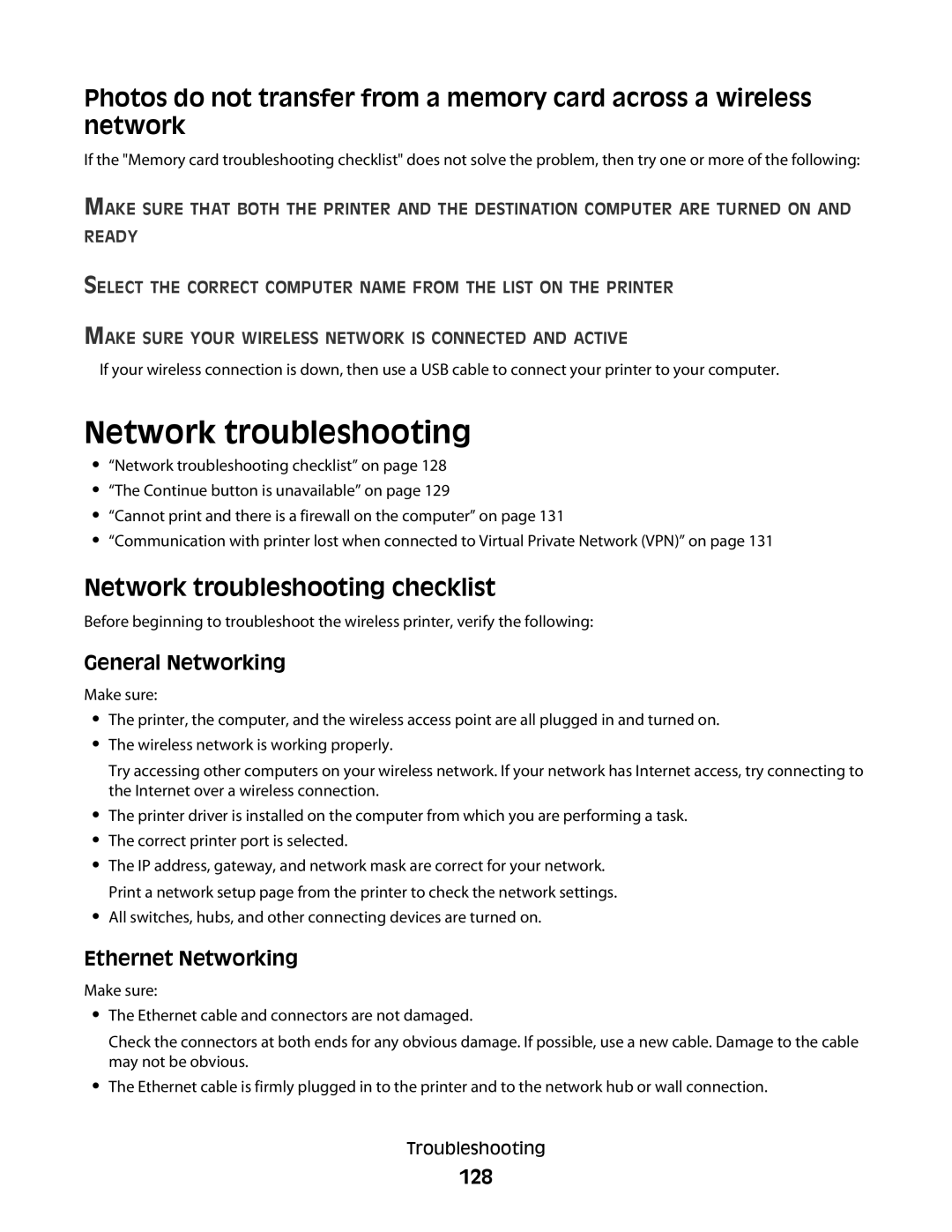 Dell 1dw, V715W, 5dw manual Network troubleshooting checklist, General Networking, Ethernet Networking, 128 