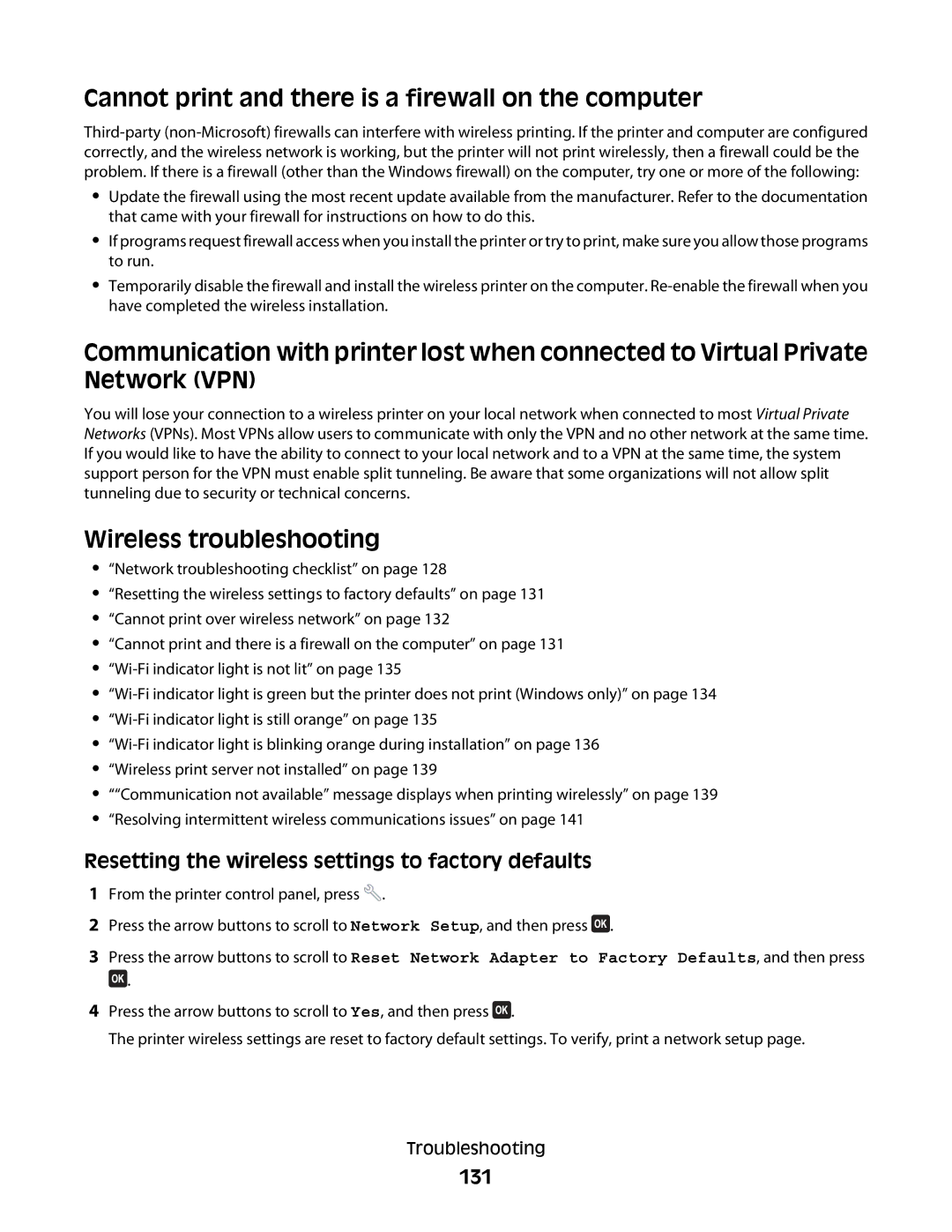 Dell 1dw, V715W, 5dw manual Cannot print and there is a firewall on the computer, Wireless troubleshooting, 131 