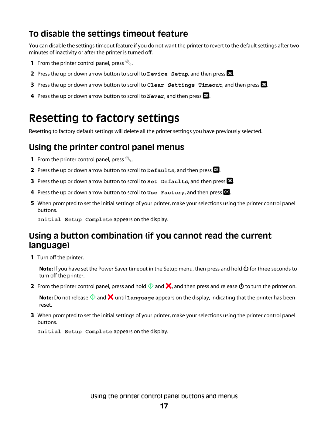 Dell 1dw Resetting to factory settings, To disable the settings timeout feature, Using the printer control panel menus 