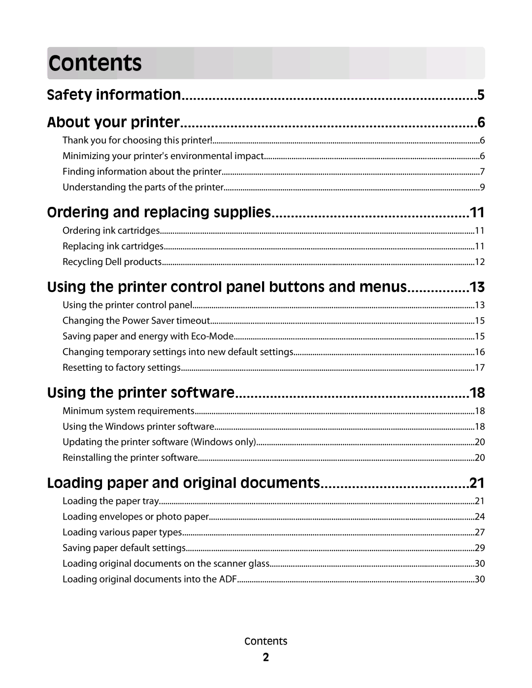 Dell 1dw, V715W, 5dw manual Contents 