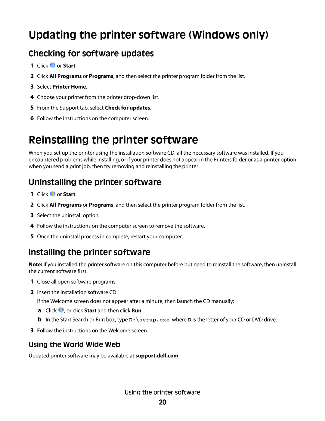 Dell 1dw, 5dw Updating the printer software Windows only, Reinstalling the printer software, Checking for software updates 