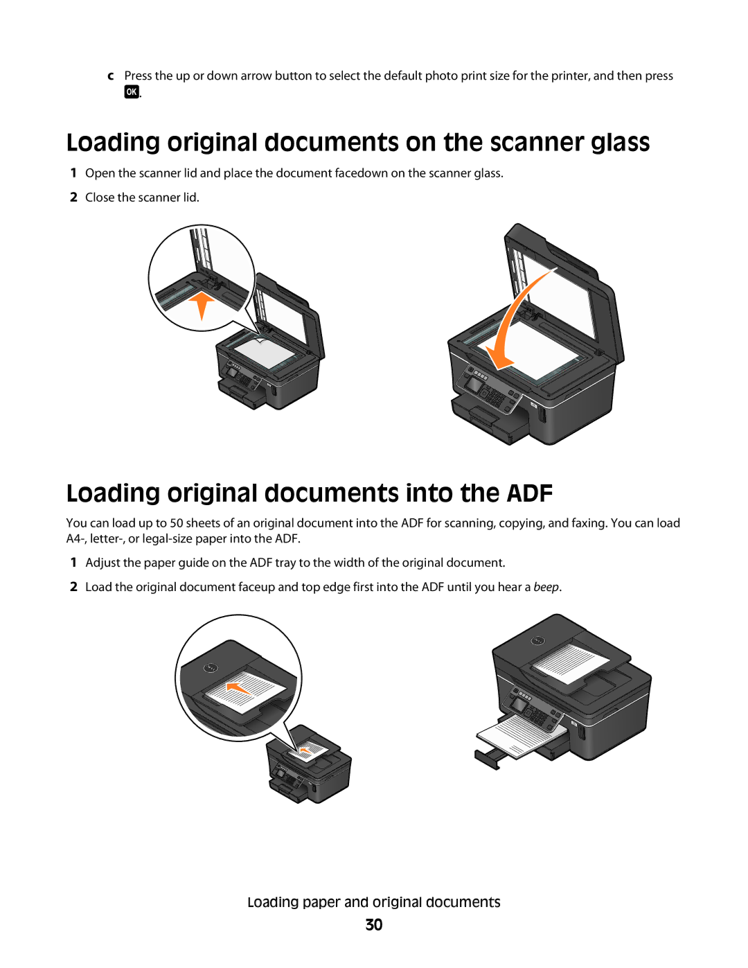 Dell V715W, 5dw, 1dw manual Loading original documents on the scanner glass, Loading original documents into the ADF 