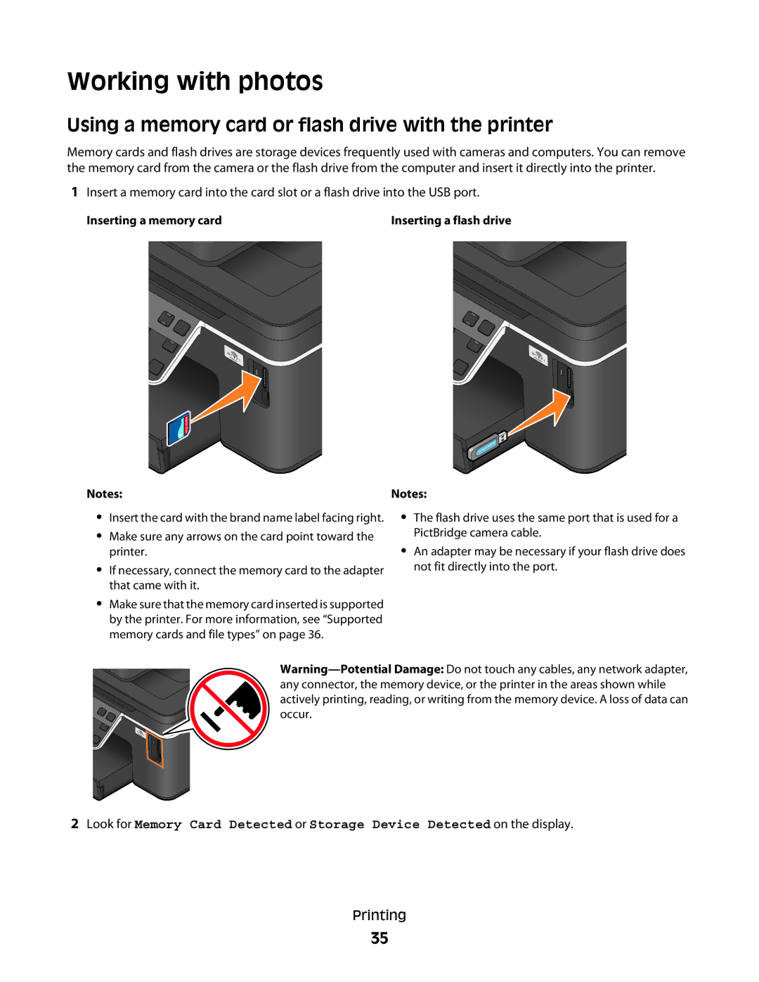 Dell 1dw, V715W, 5dw manual Working with photos, Using a memory card or flash drive with the printer 