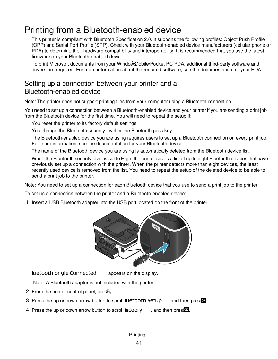 Dell 1dw, V715W, 5dw manual Printing from a Bluetooth-enabled device, Bluetooth Dongle Connected appears on the display 