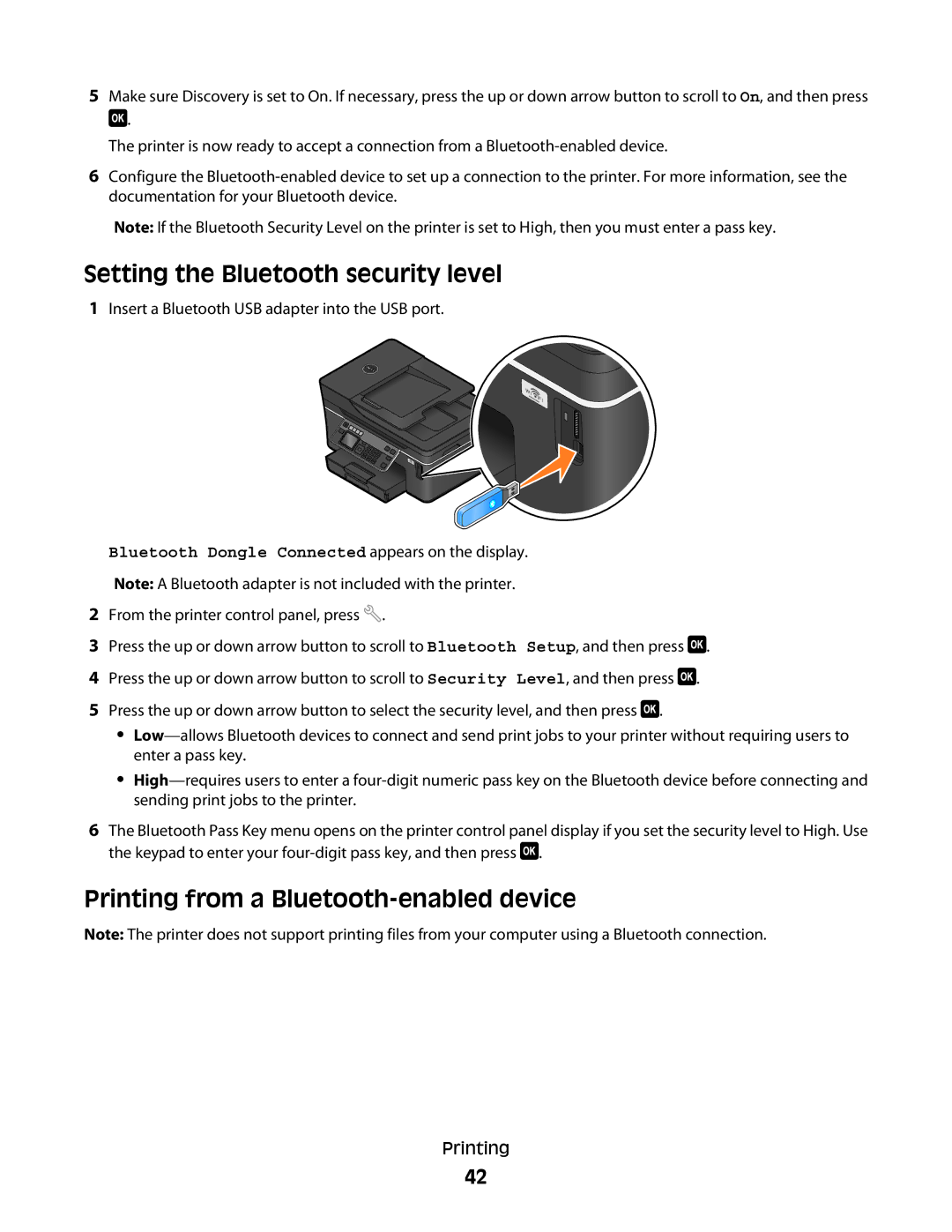 Dell V715W, 5dw, 1dw manual Setting the Bluetooth security level, Printing from a Bluetooth-enabled device 