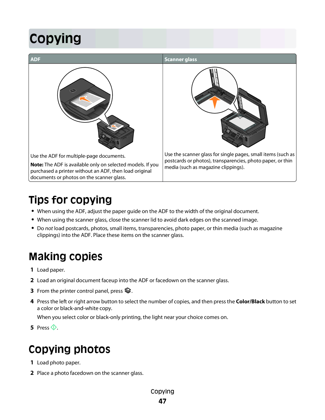 Dell 1dw, V715W, 5dw manual Tips for copying, Making copies, Copying photos 