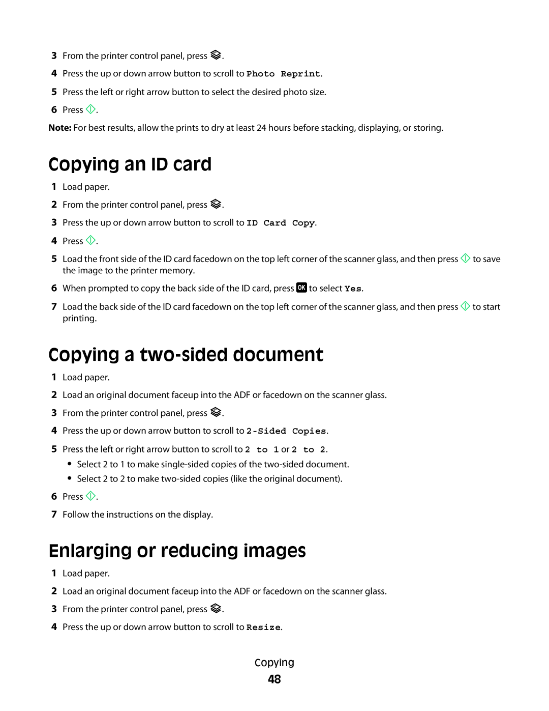 Dell V715W, 5dw, 1dw manual Copying an ID card, Copying a two-sided document, Enlarging or reducing images 