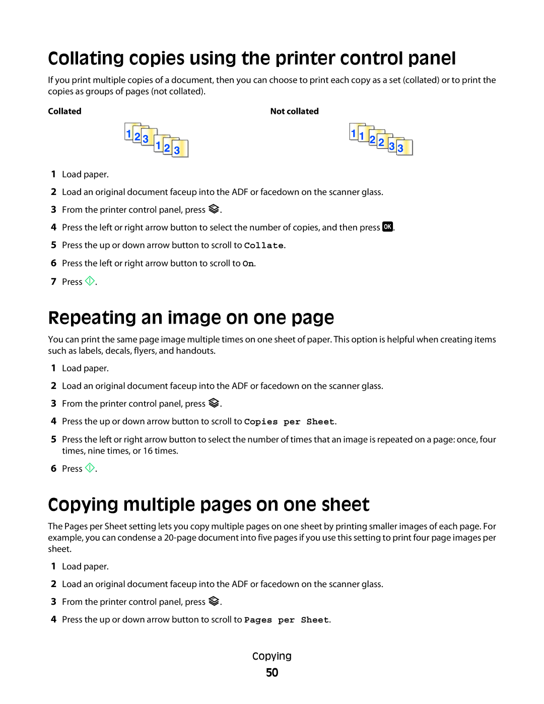 Dell 1dw Collating copies using the printer control panel, Repeating an image on one, Copying multiple pages on one sheet 