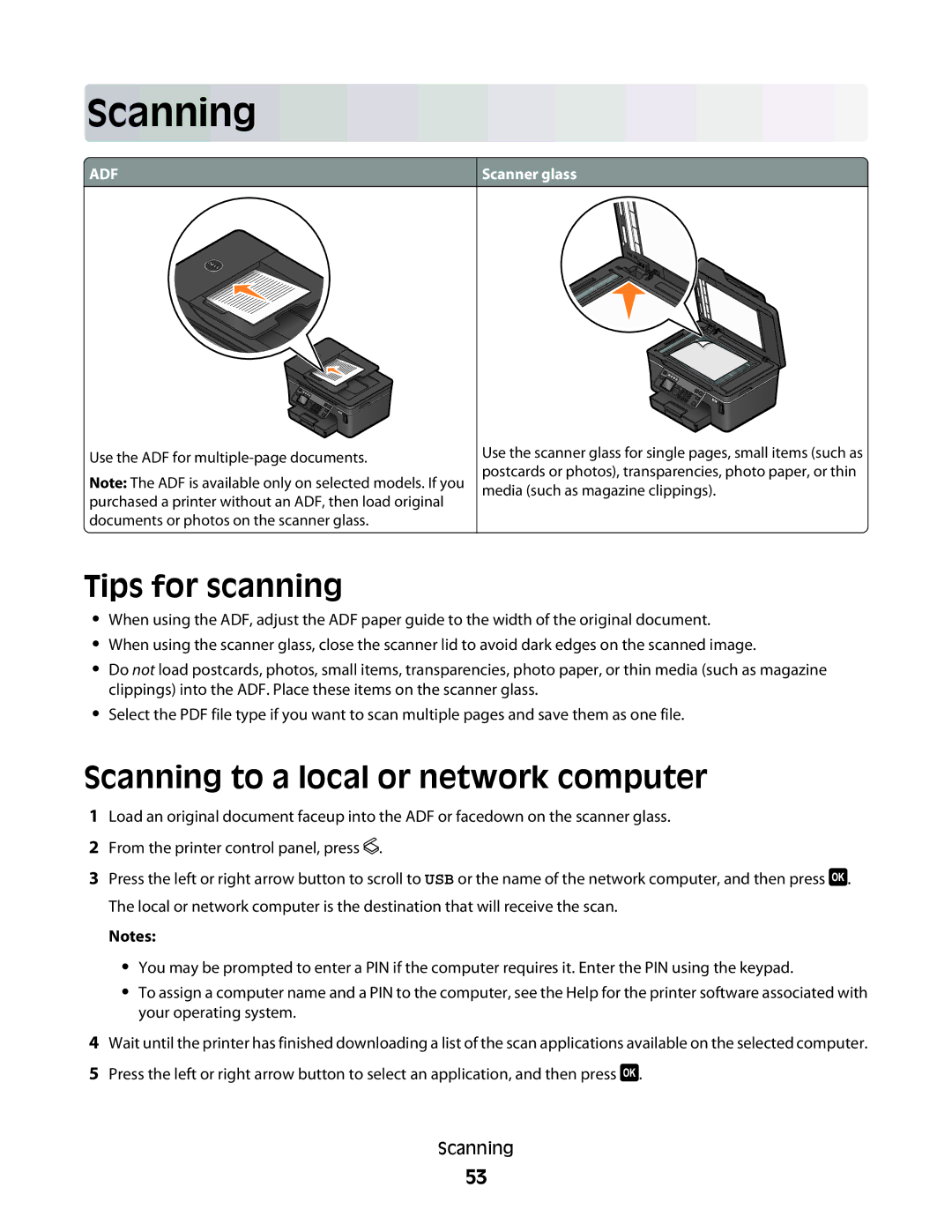 Dell 1dw, V715W, 5dw manual Tips for scanning, Scanning to a local or network computer 