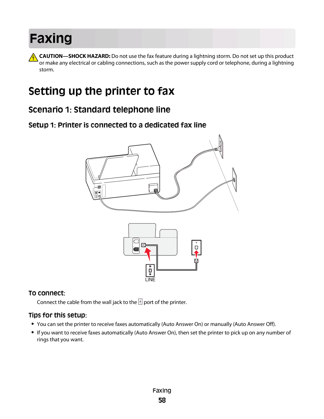 Dell 5dw, V715W, 1dw manual Faxing, Setting up the printer to fax, Scenario 1 Standard telephone line 