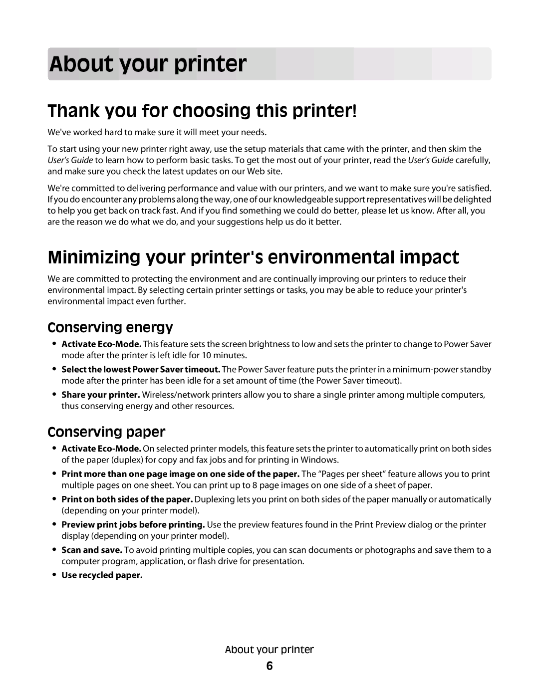 Dell V715W, 5dw, 1dw About your printer, Thank you for choosing this printer, Minimizing your printers environmental impact 