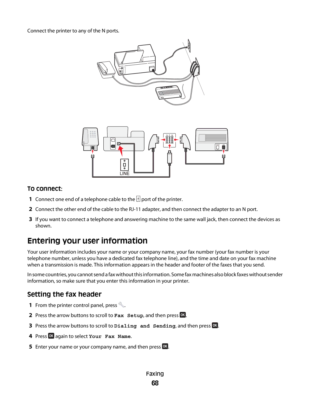 Dell 1dw, V715W, 5dw manual Entering your user information, Setting the fax header 