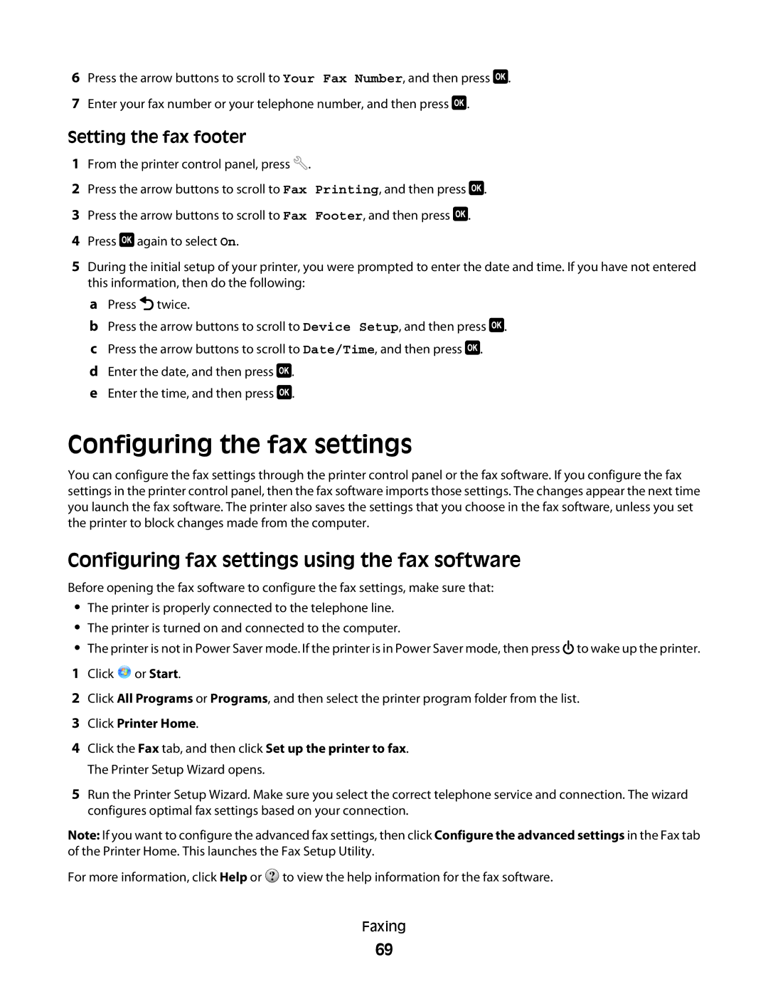 Dell V715W, 5dw, 1dw Configuring the fax settings, Configuring fax settings using the fax software, Setting the fax footer 