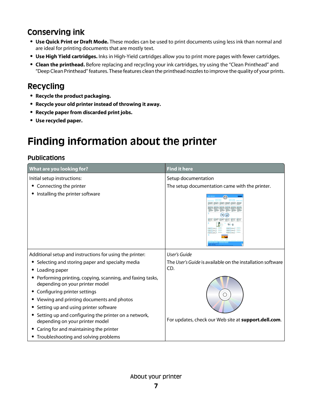 Dell 5dw, V715W, 1dw manual Finding information about the printer, Conserving ink, Recycling 