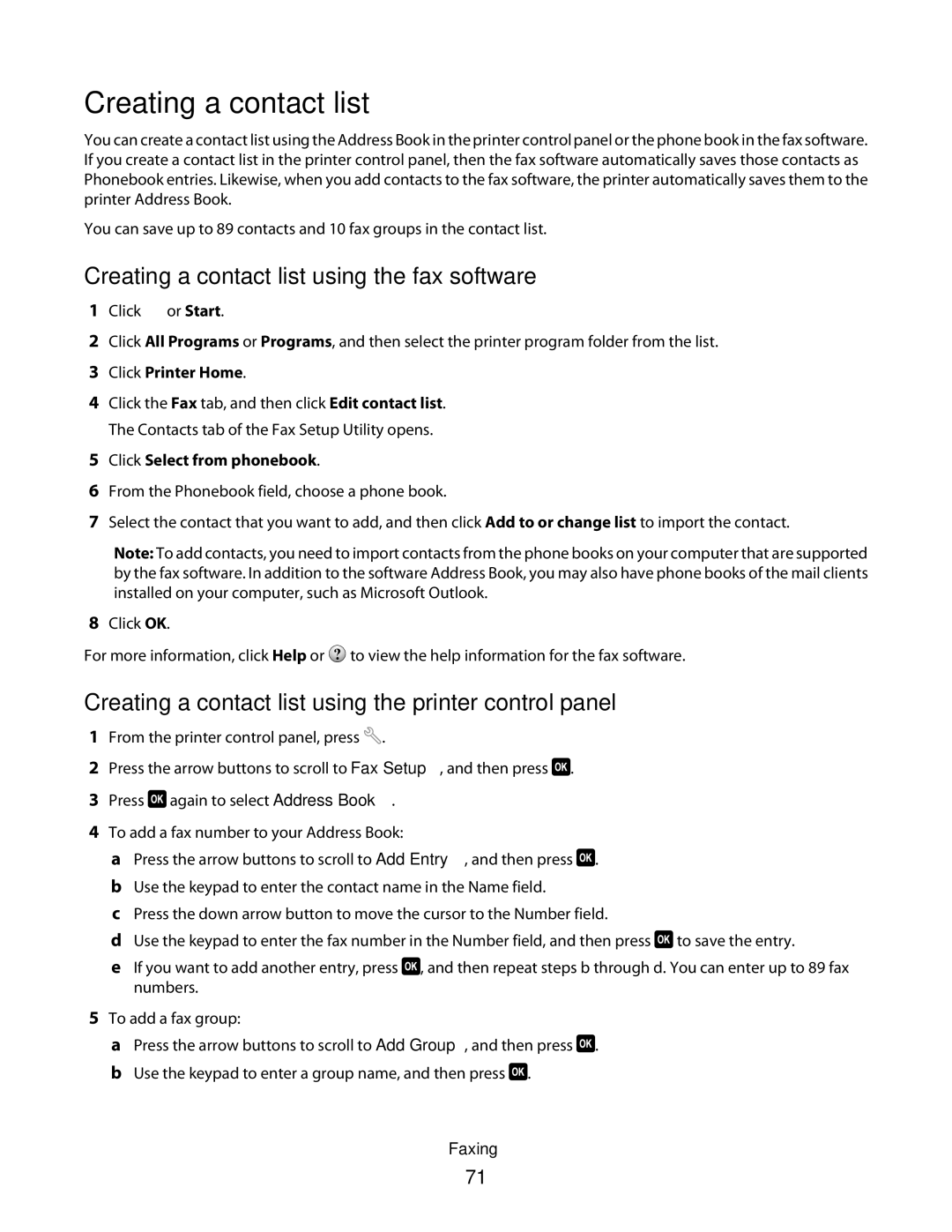 Dell 1dw, 5dw Creating a contact list using the fax software, Creating a contact list using the printer control panel 