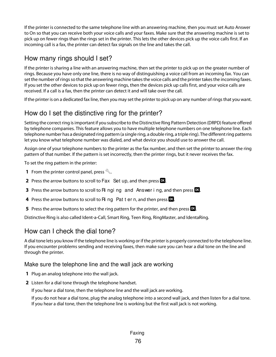 Dell 5dw How many rings should I set?, How do I set the distinctive ring for the printer?, How can I check the dial tone? 