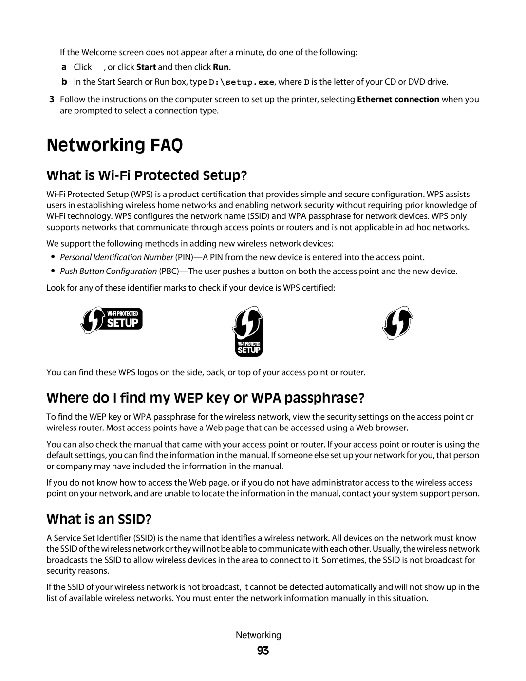 Dell V715W Networking FAQ, What is Wi-Fi Protected Setup?, Where do I find my WEP key or WPA passphrase?, What is an SSID? 