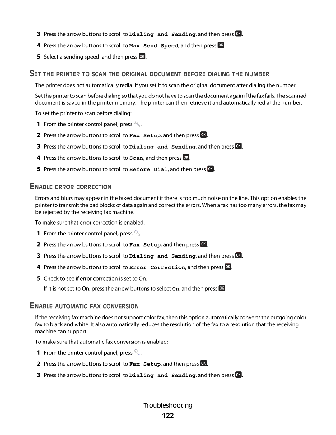 Dell V715W manual 122, Enable Error Correction, Enable Automatic FAX Conversion 