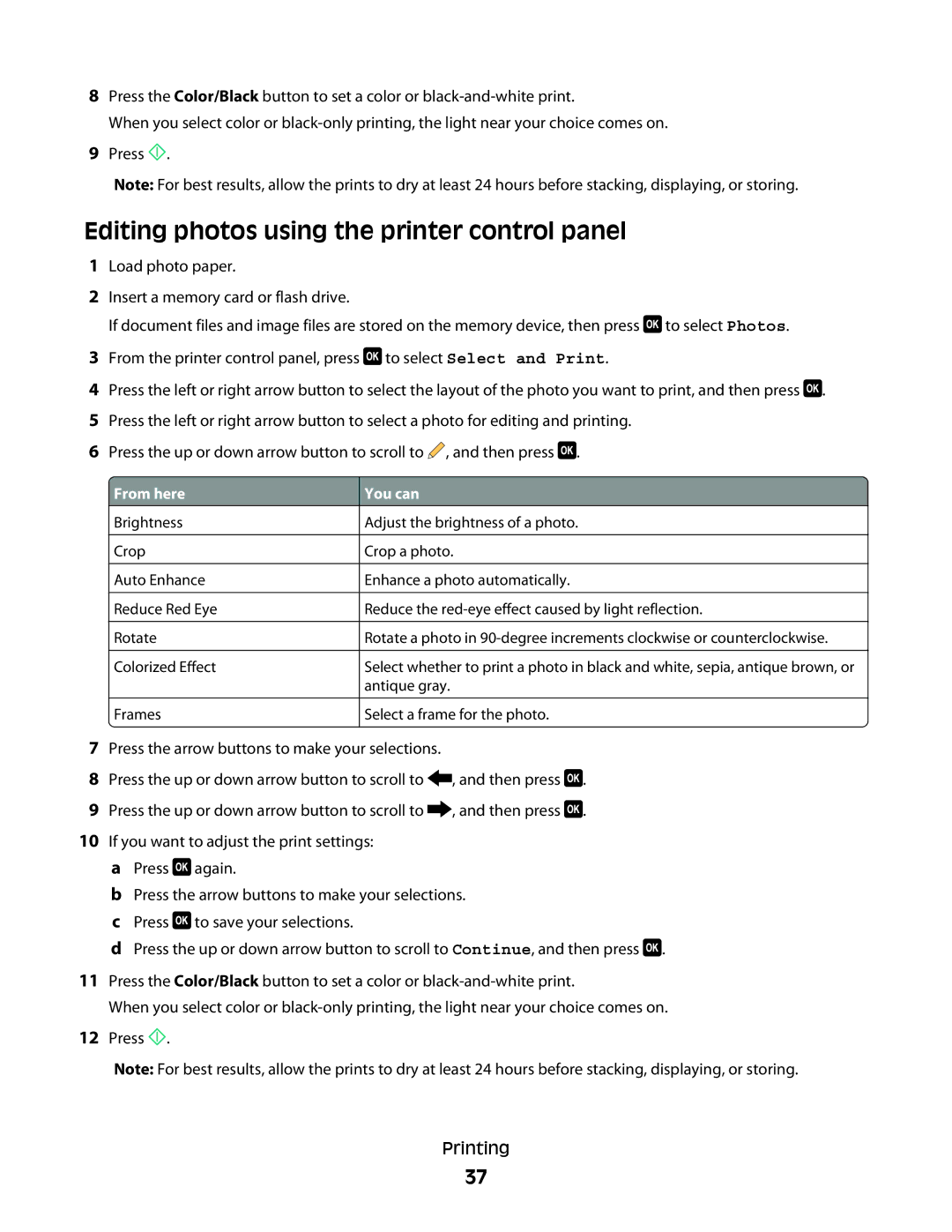 Dell V715W manual Editing photos using the printer control panel, You can 