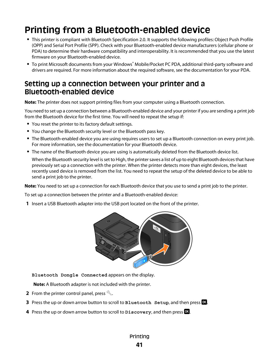 Dell V715W manual Printing from a Bluetooth-enabled device, Bluetooth Dongle Connected appears on the display 