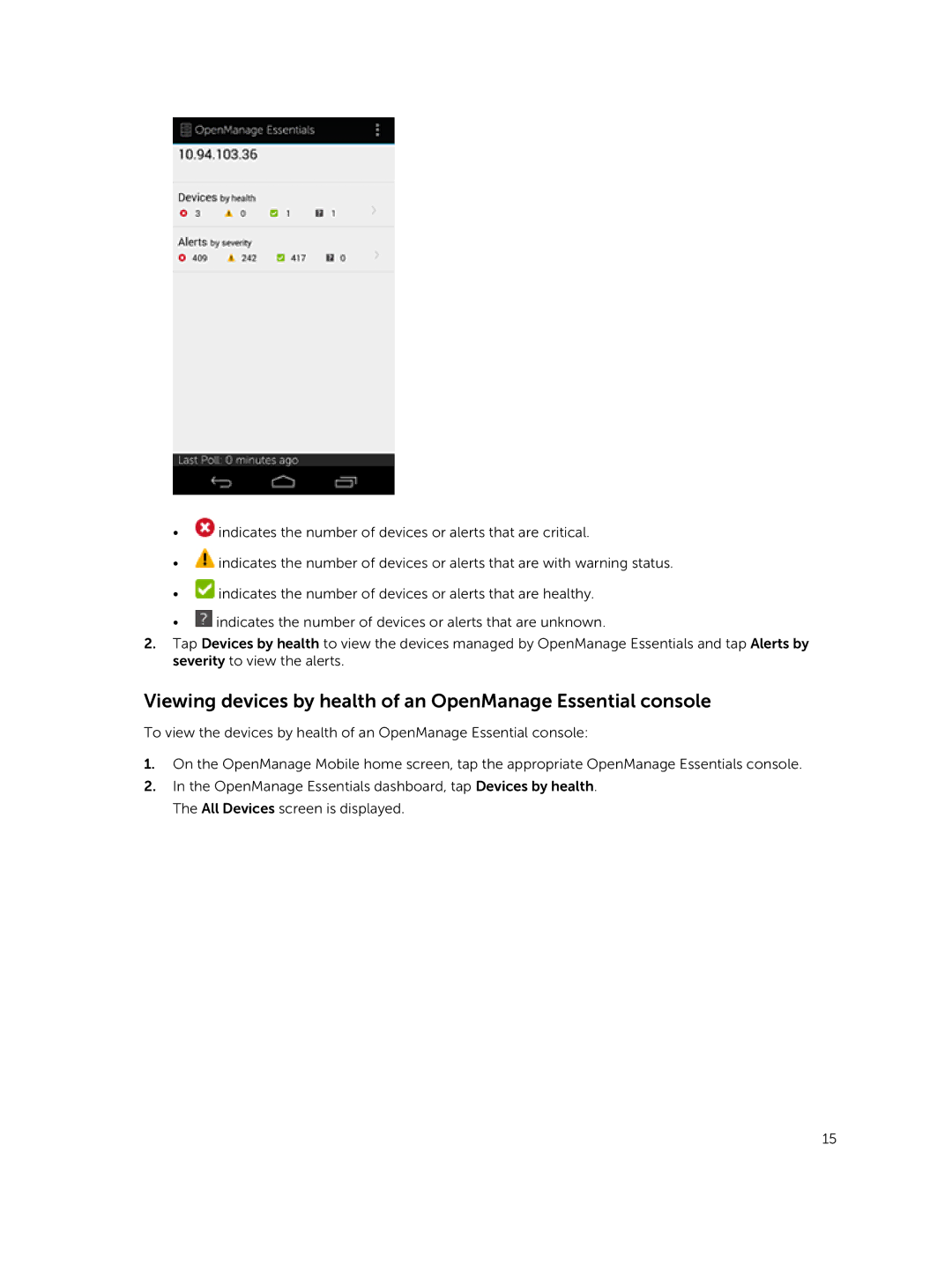 Dell Version 1.2 manual Viewing devices by health of an OpenManage Essential console 