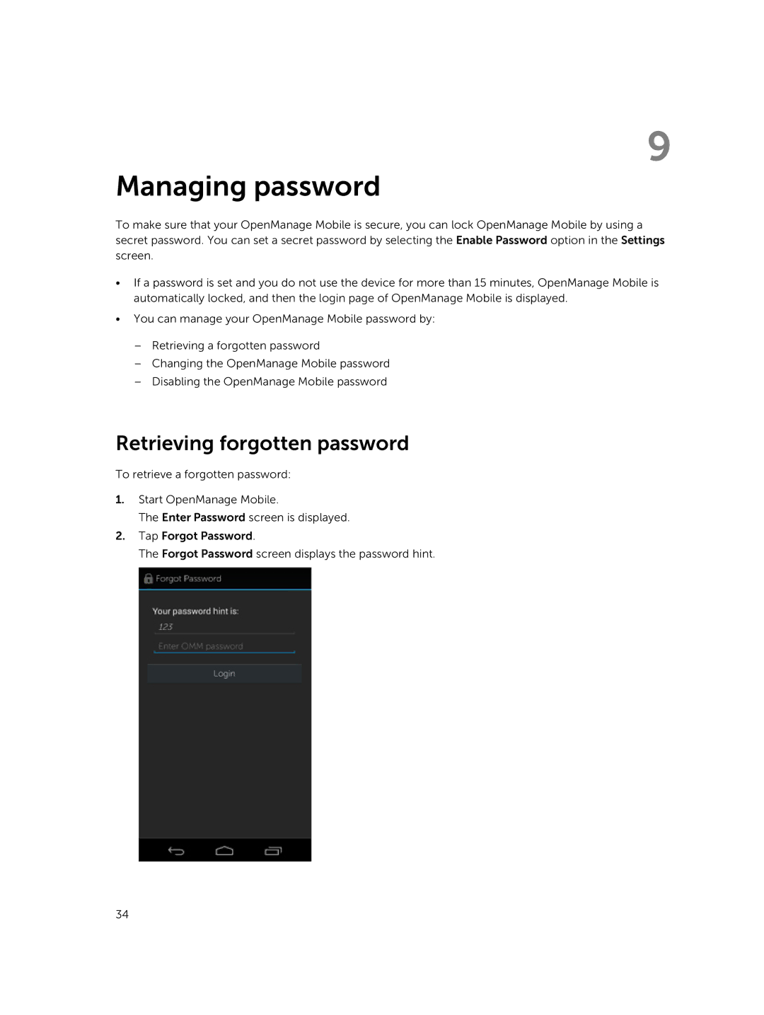 Dell Version 1.2 manual Managing password, Retrieving forgotten password 