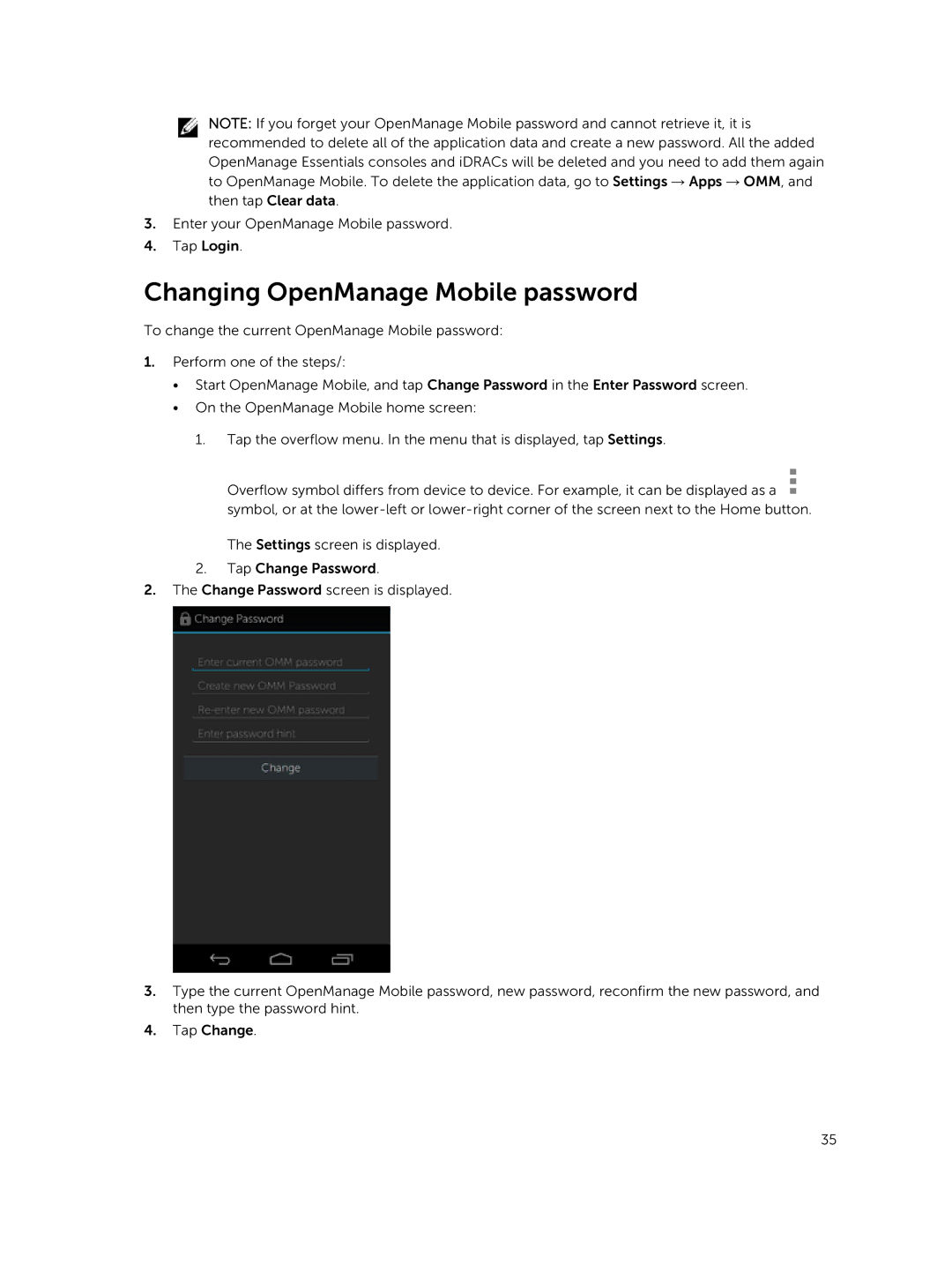 Dell Version 1.2 manual Changing OpenManage Mobile password 