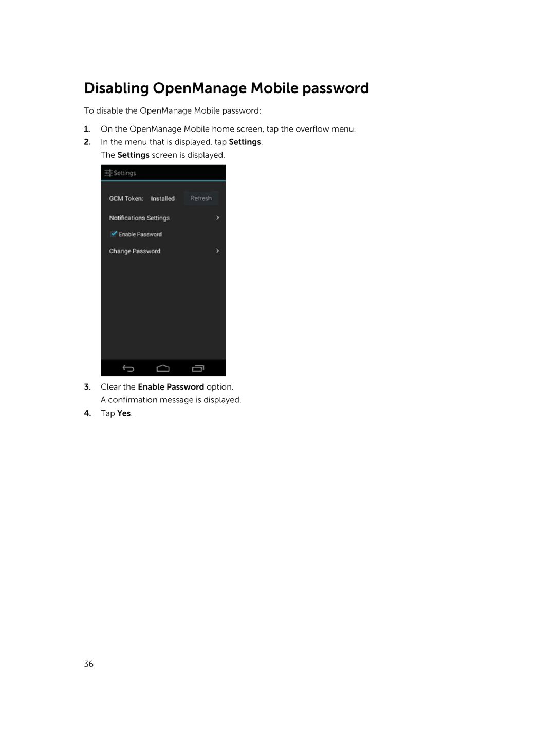 Dell Version 1.2 manual Disabling OpenManage Mobile password 