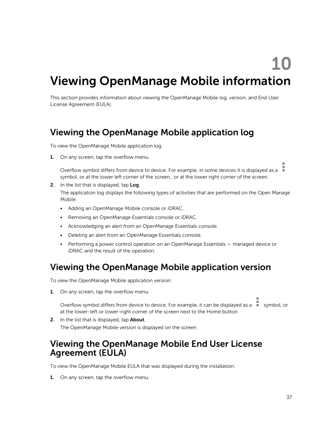 Dell Version 1.2 manual Viewing OpenManage Mobile information, Viewing the OpenManage Mobile application log 