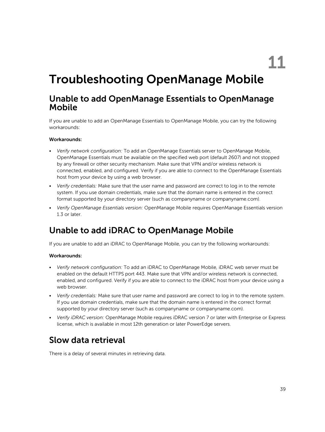 Dell Version 1.2 manual Troubleshooting OpenManage Mobile, Unable to add OpenManage Essentials to OpenManage Mobile 