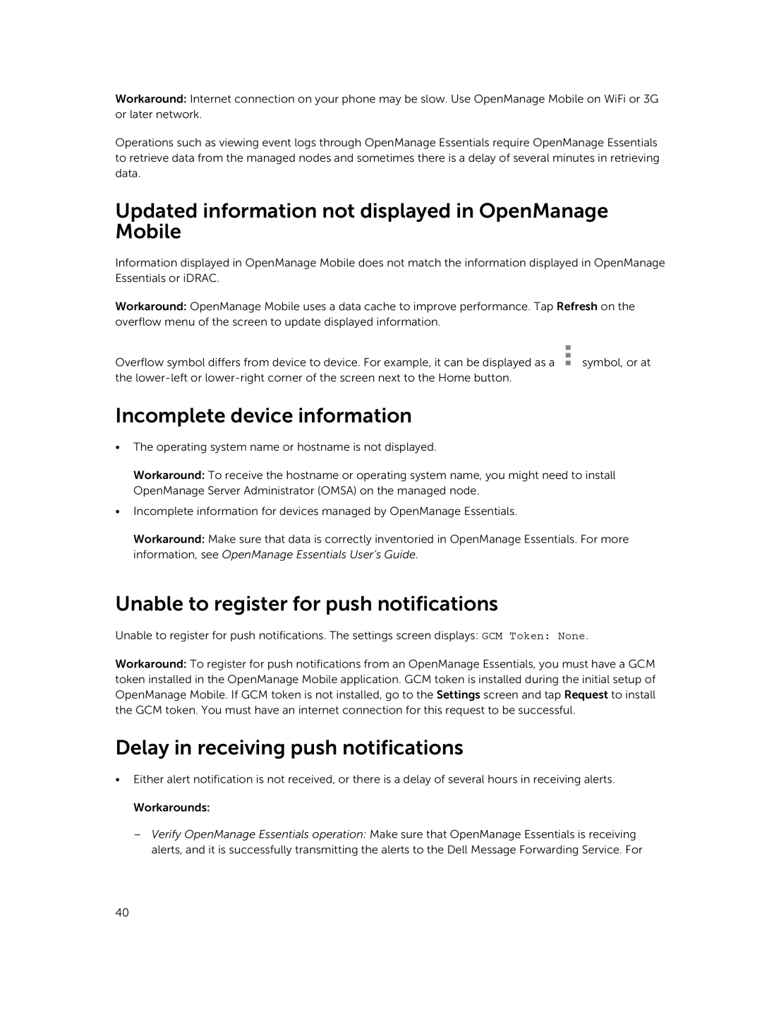 Dell Version 1.2 manual Updated information not displayed in OpenManage Mobile, Incomplete device information 