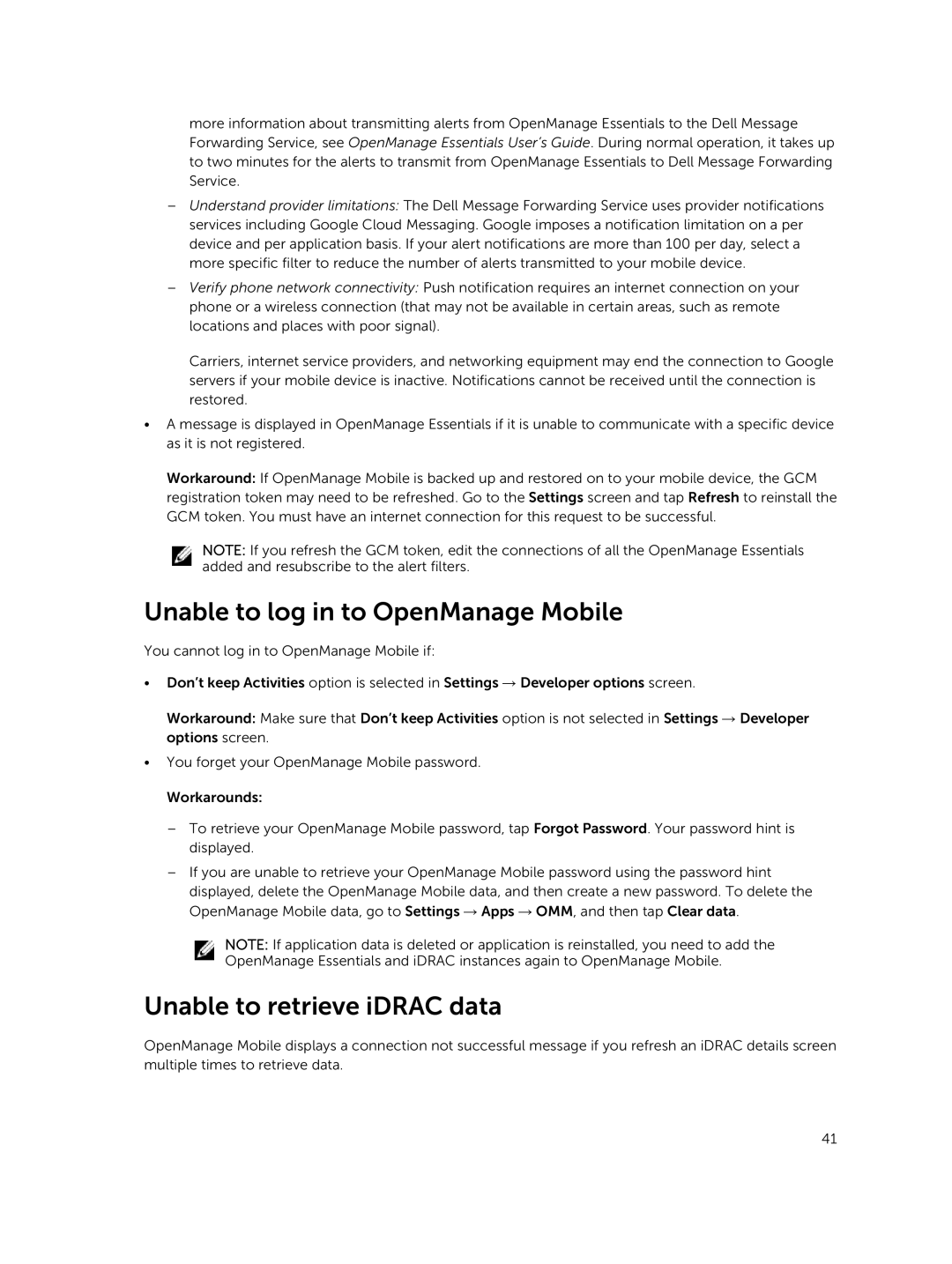 Dell Version 1.2 manual Unable to log in to OpenManage Mobile, Unable to retrieve iDRAC data 