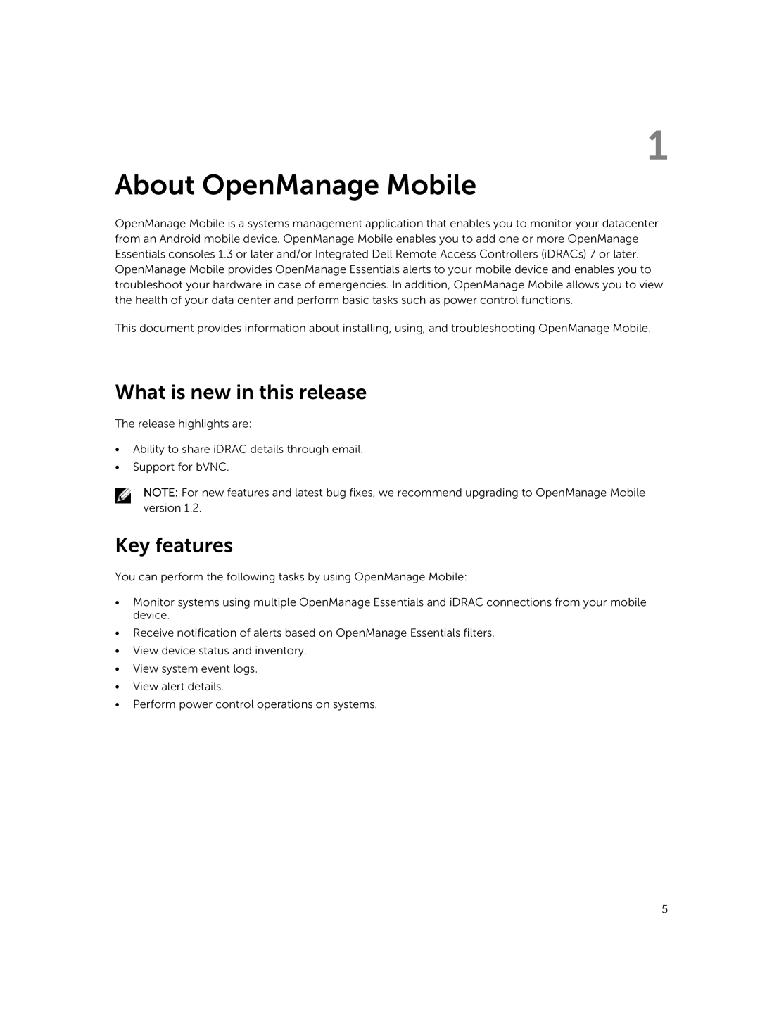 Dell Version 1.2 manual About OpenManage Mobile, What is new in this release, Key features 