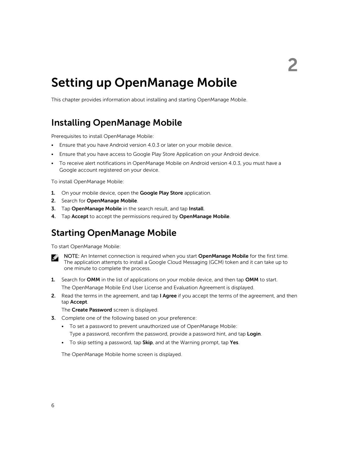 Dell Version 1.2 manual Setting up OpenManage Mobile, Installing OpenManage Mobile, Starting OpenManage Mobile 