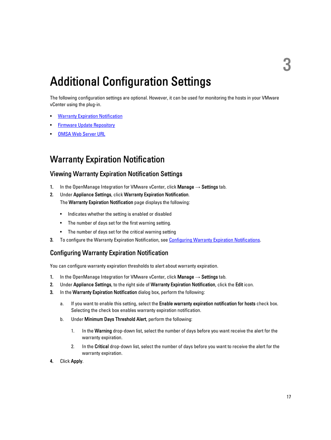 Dell version 2.3.1 Viewing Warranty Expiration Notification Settings, Configuring Warranty Expiration Notification 