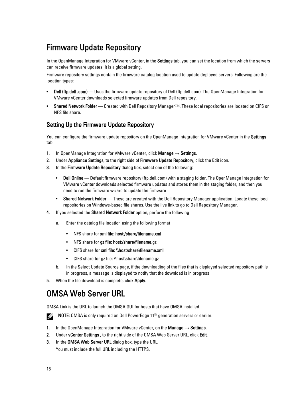 Dell version 2.3.1 manual Omsa Web Server URL, Setting Up the Firmware Update Repository 