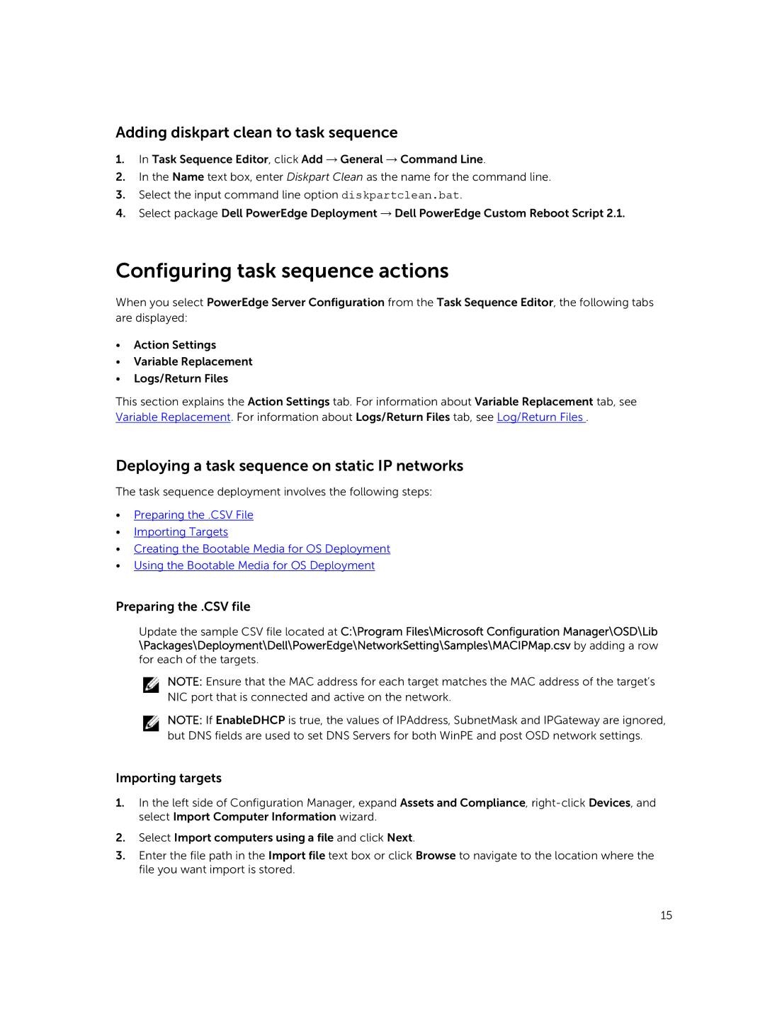 Dell version 3.0 manual Configuring task sequence actions, Adding diskpart clean to task sequence, Preparing the .CSV file 