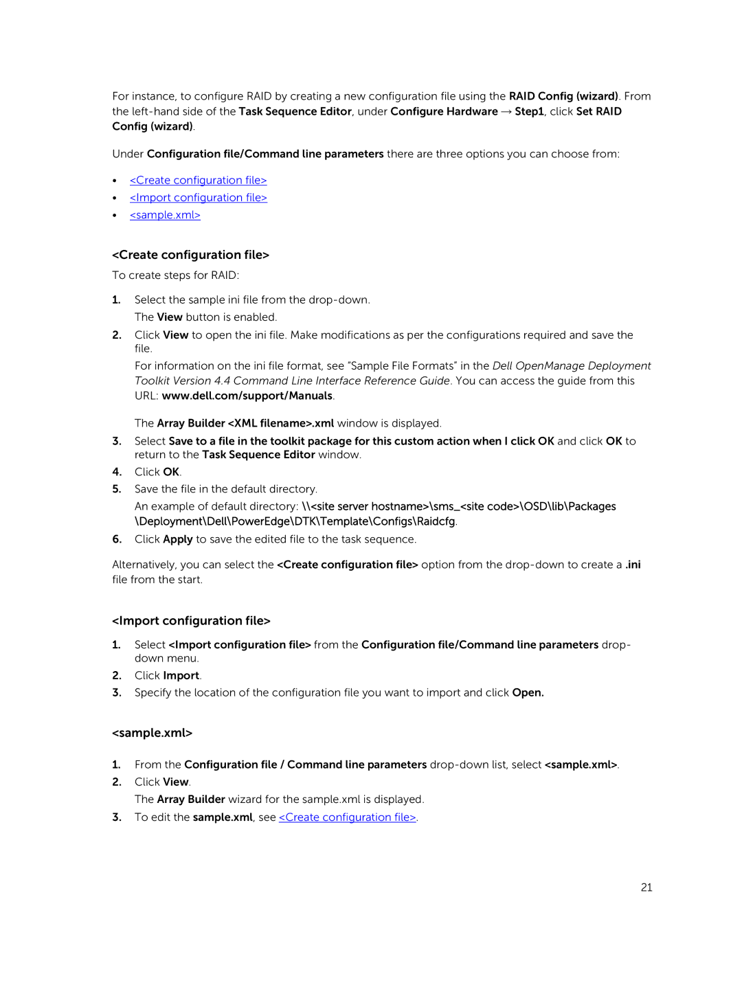Dell version 3.0 manual Create configuration file, Import configuration file, Sample.xml 
