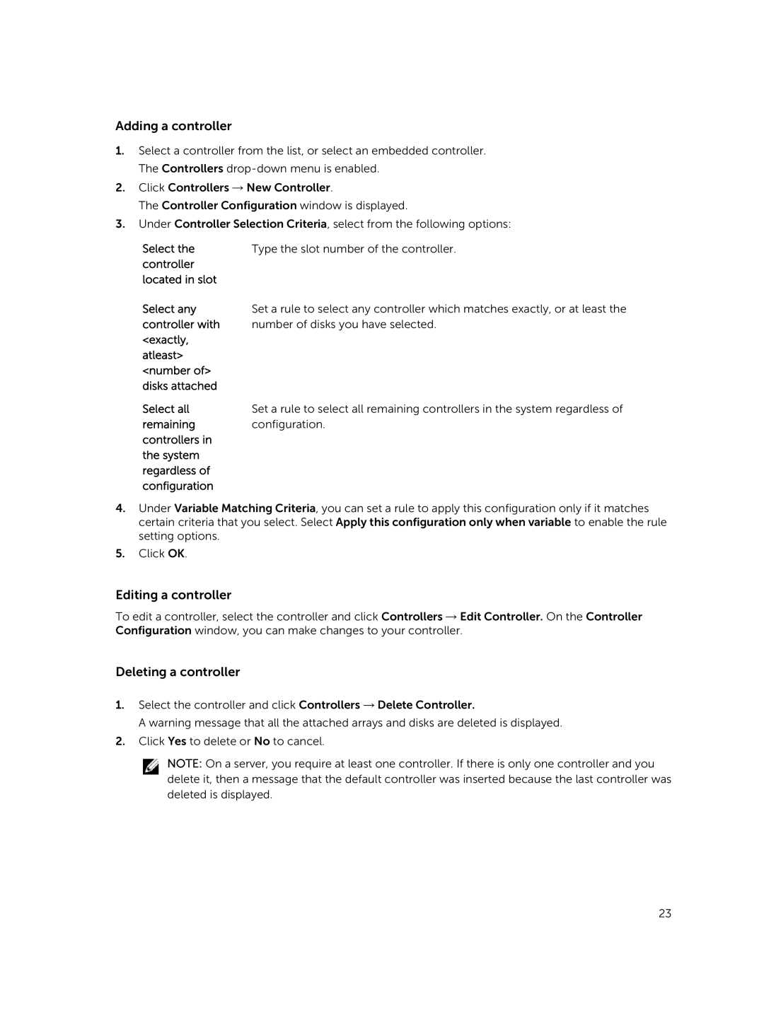 Dell version 3.0 manual Adding a controller, Editing a controller, Deleting a controller 