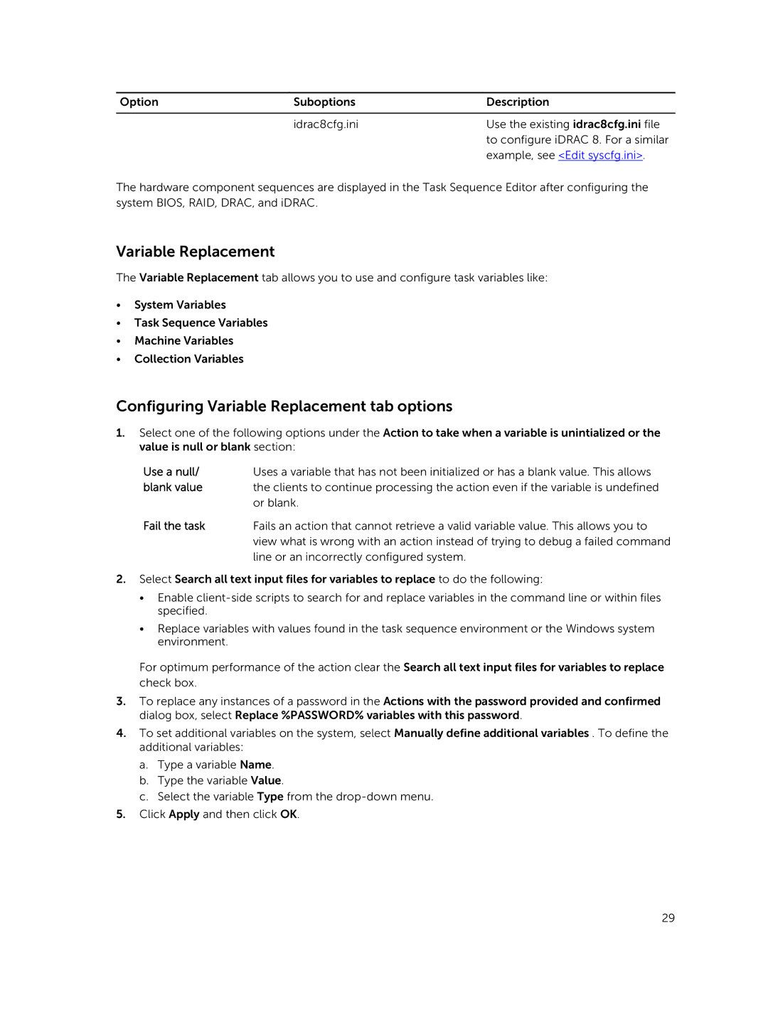 Dell version 3.0 manual Configuring Variable Replacement tab options 