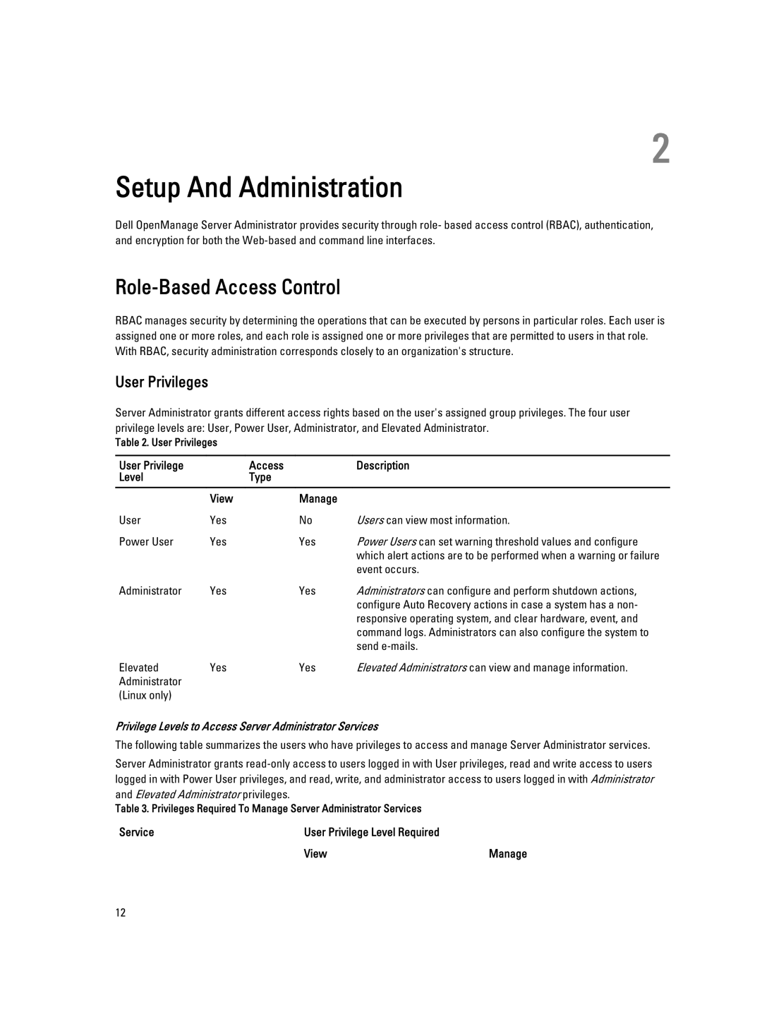 Dell Version 7.3 manual Setup And Administration, Role-Based Access Control, User Privileges 