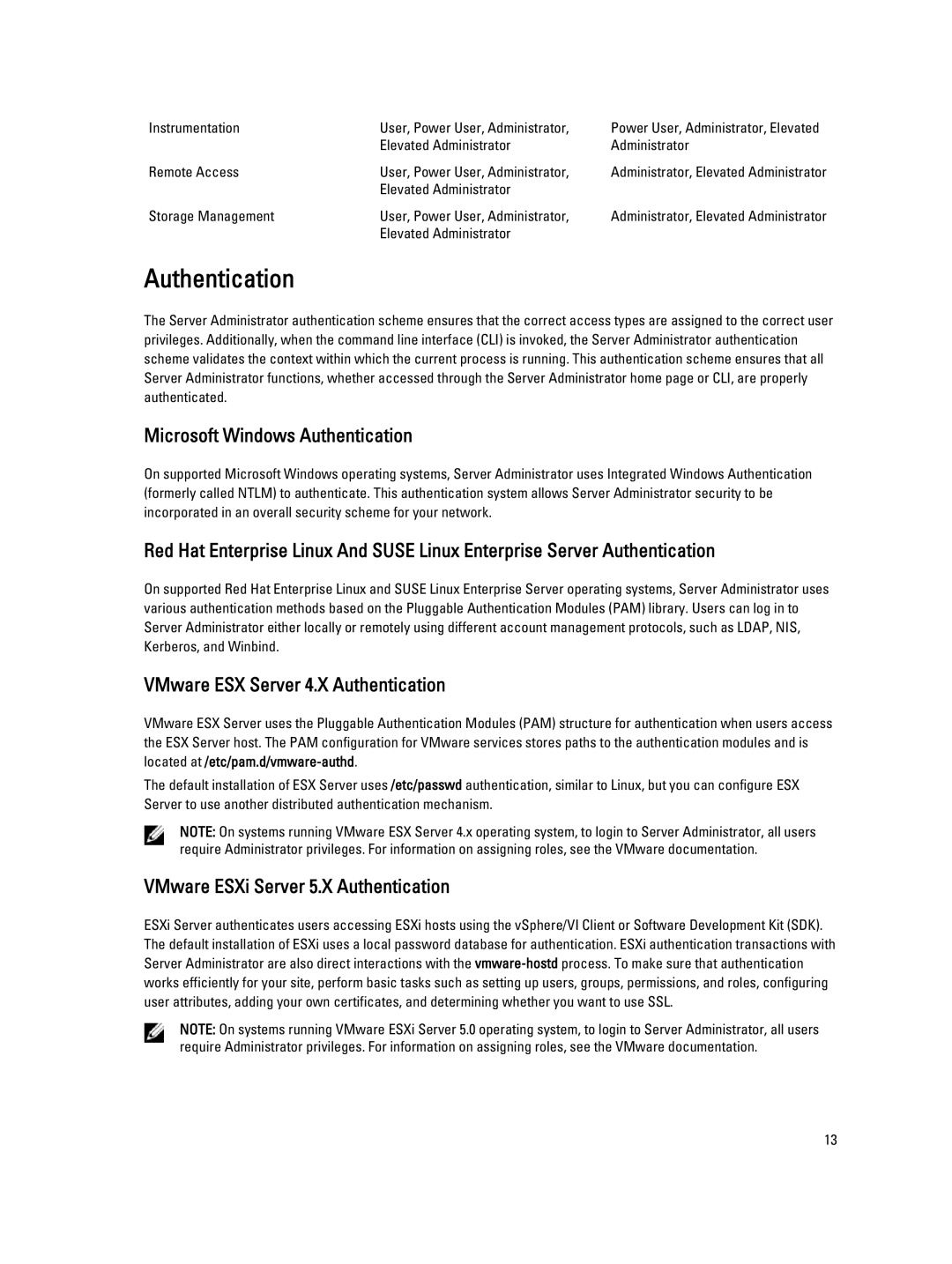 Dell Version 7.3 manual Microsoft Windows Authentication, VMware ESX Server 4.X Authentication 