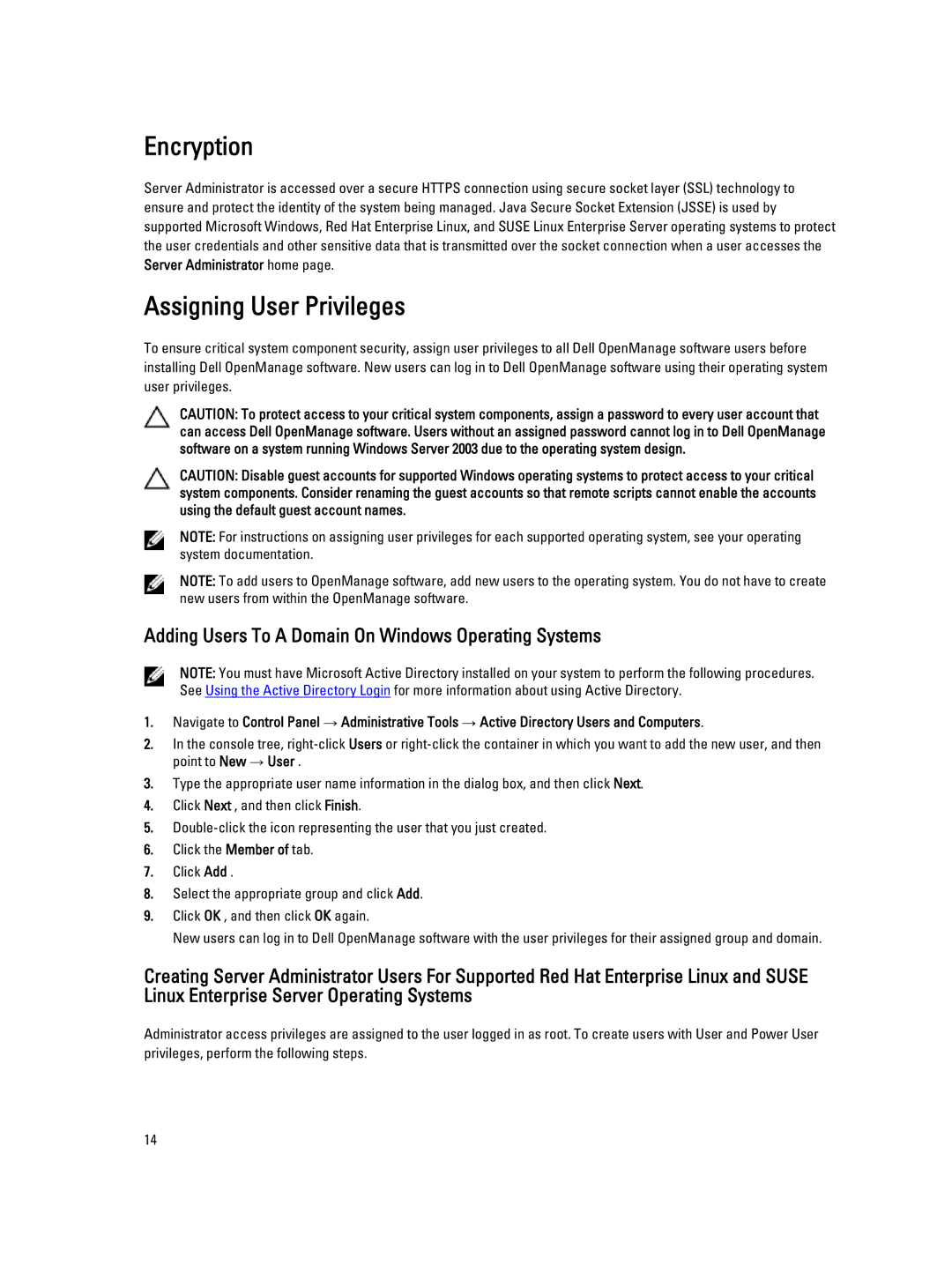 Dell Version 7.3 manual Encryption, Assigning User Privileges, Adding Users To a Domain On Windows Operating Systems 