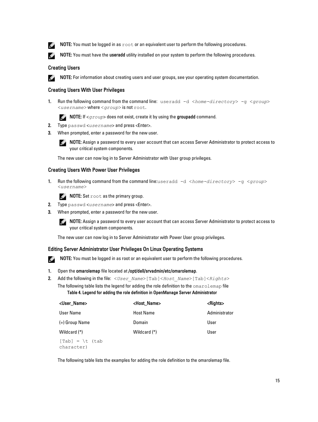 Dell Version 7.3 manual Creating Users Creating Users With User Privileges, Creating Users With Power User Privileges 