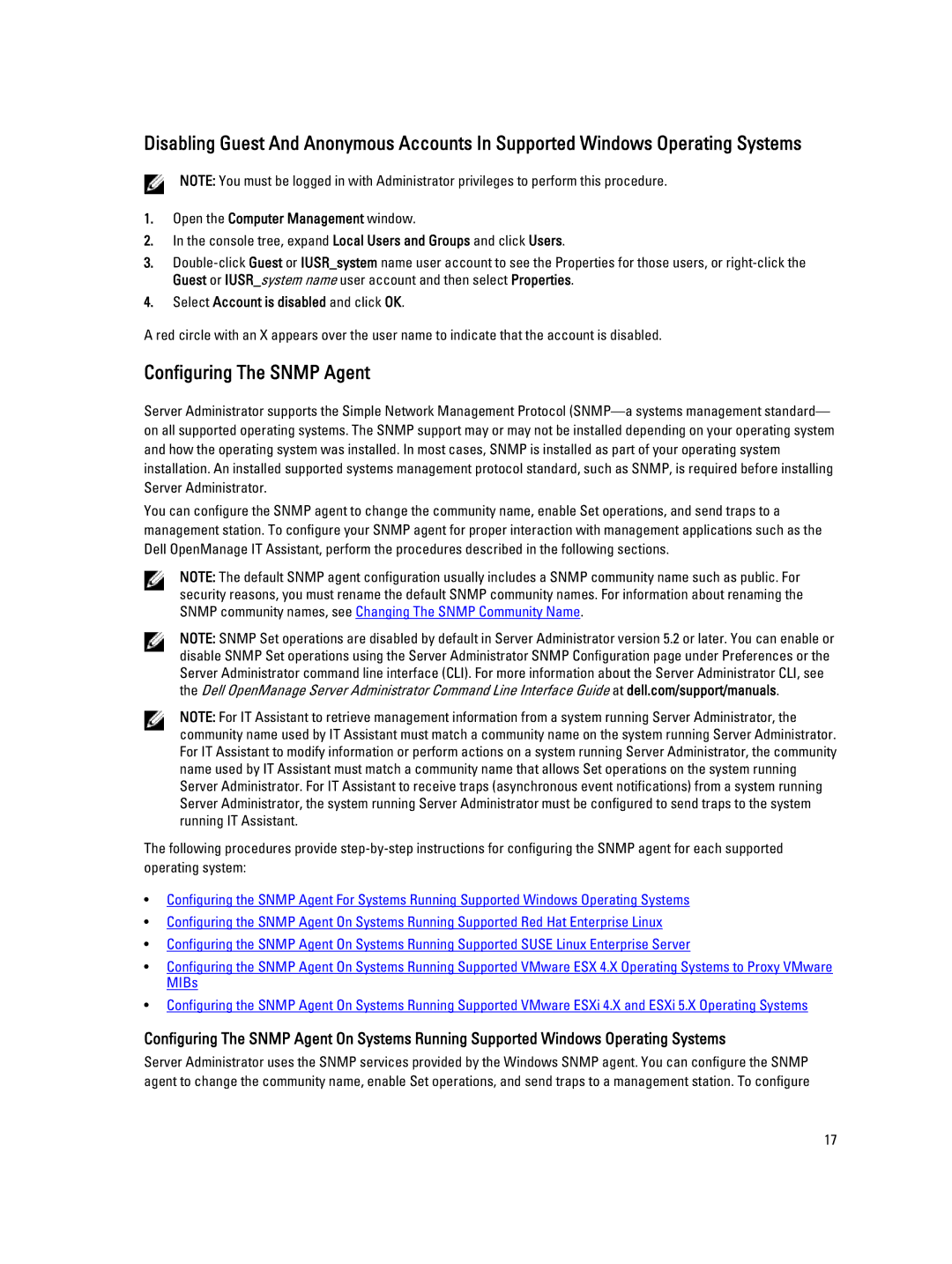 Dell Version 7.3 Configuring The Snmp Agent, Open the Computer Management window, Select Account is disabled and click OK 