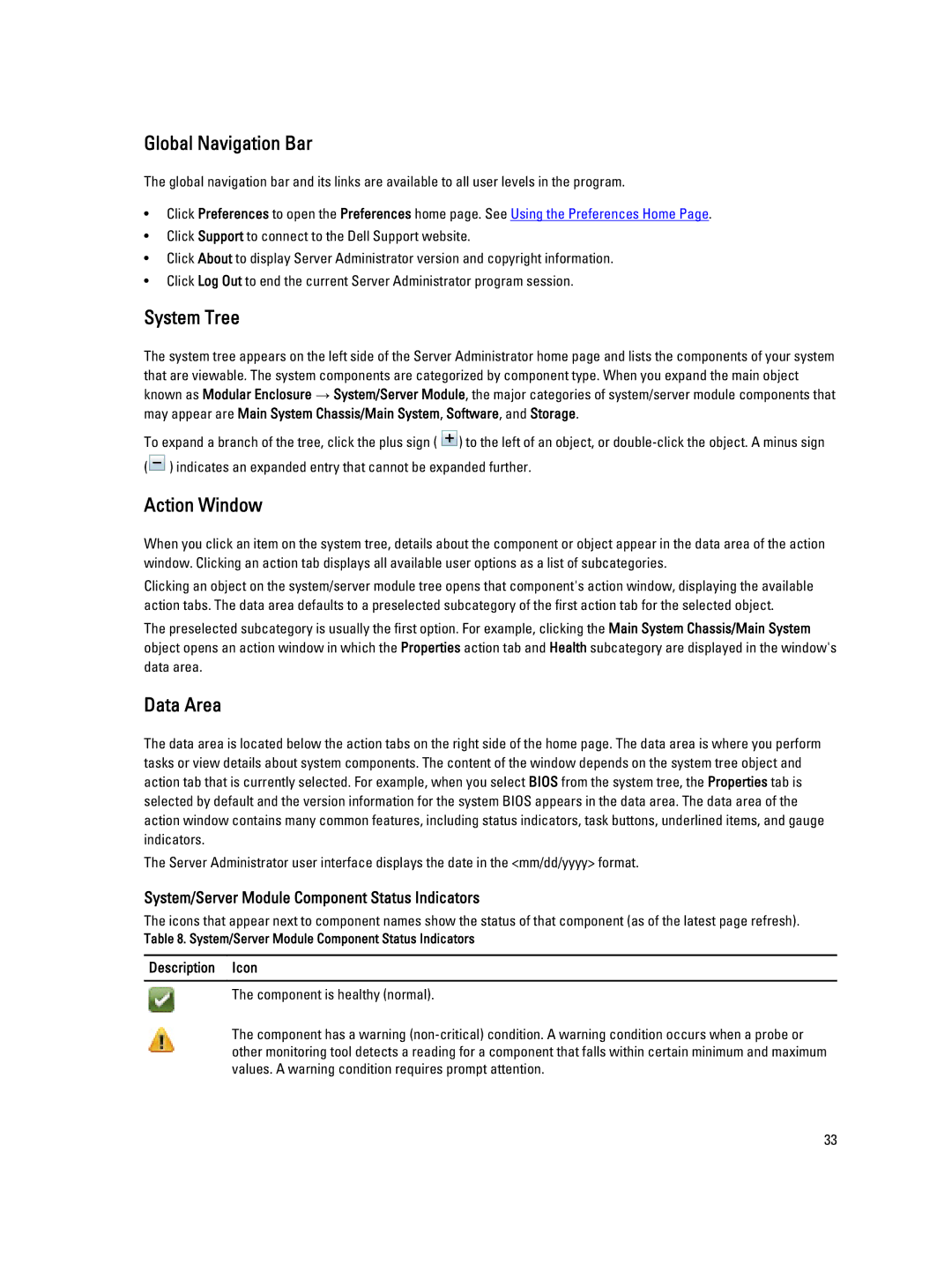 Dell Version 7.3 manual Global Navigation Bar, System Tree, Action Window, Data Area 