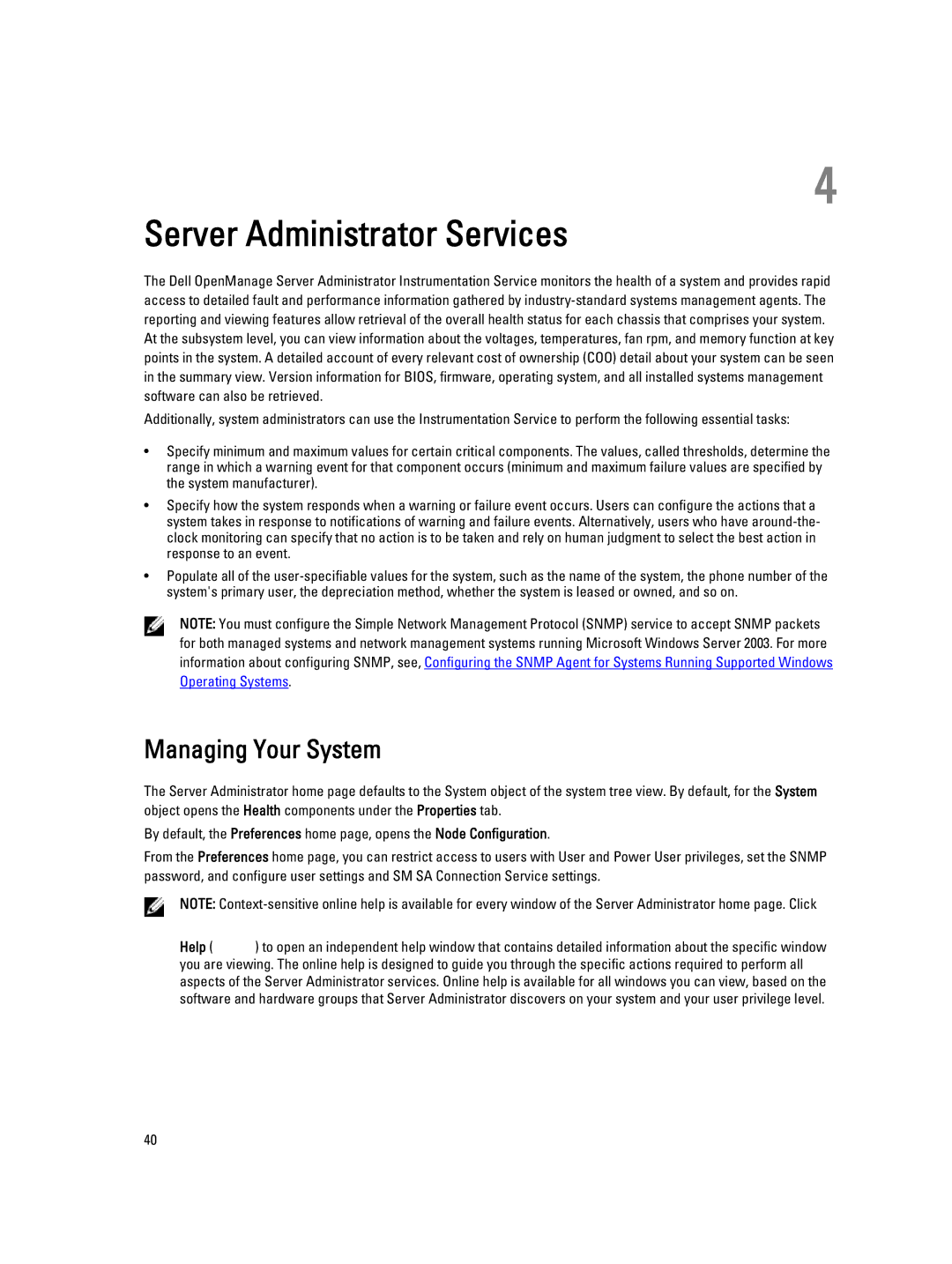 Dell Version 7.3 manual Server Administrator Services, Managing Your System 